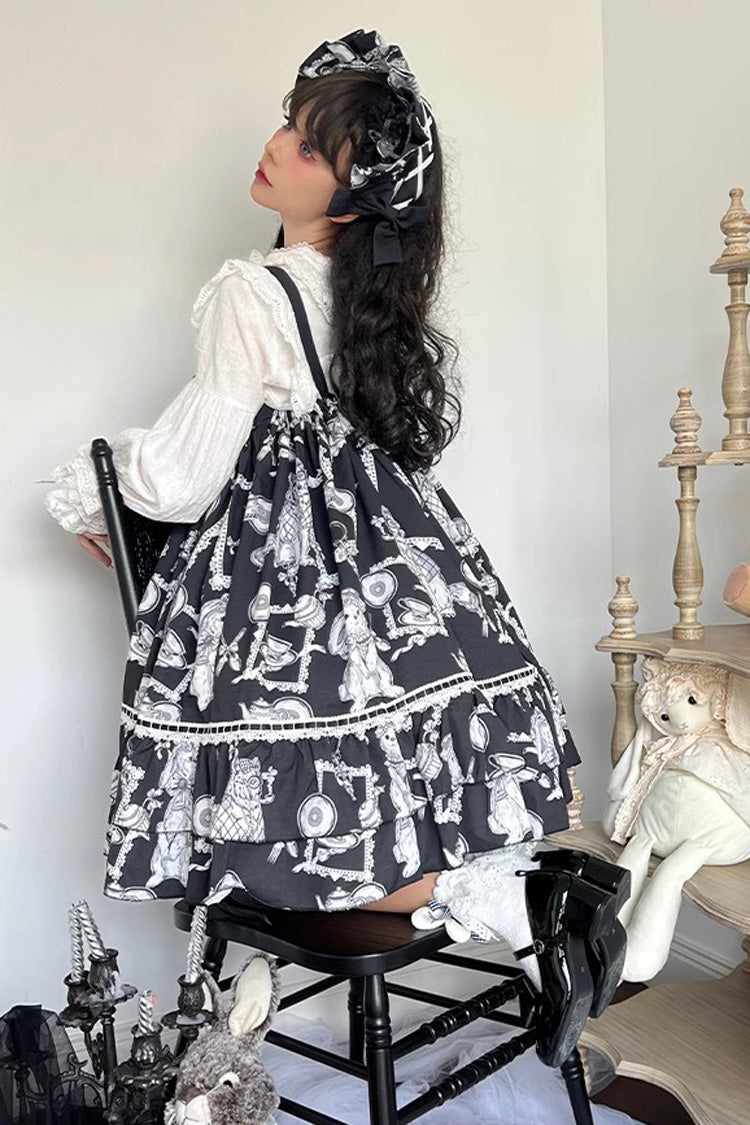 Black Wolf Detective Printed Ruffled Bow Sweet Lolita Jumper Dress