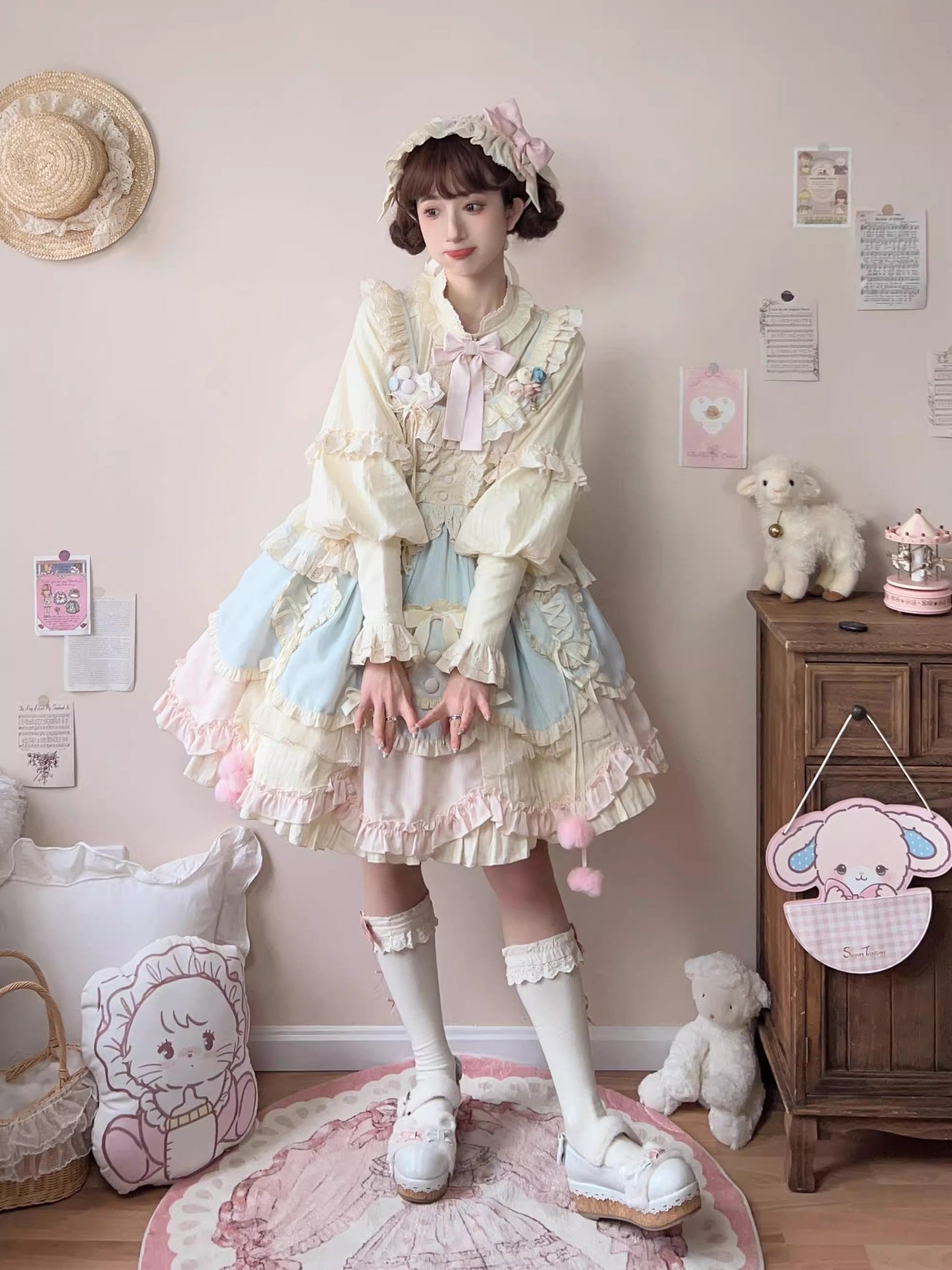 Sleeveless Multi-Layer Ruffle Bow Lace Sweet Lolita Jumper Dress Short - Multi Color