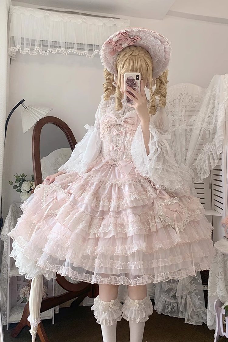Pink Multi-Layered Ruffled Hanayome Embroidered Bow Lace Sweet JSK - Sweetheart Diary
