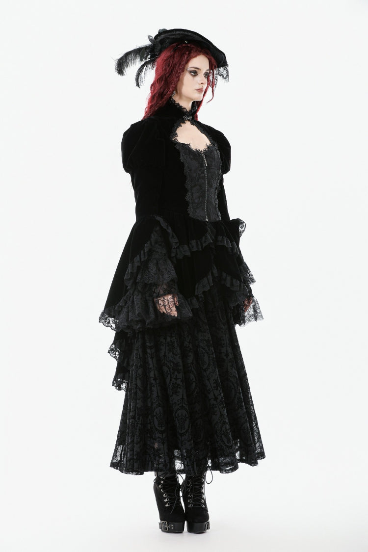 Jet-Black Gothic Coatlet with Layered Ruffles and High-Low Hem for Women