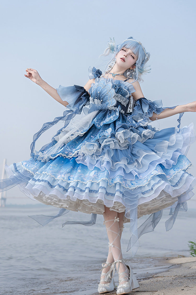 Blue Gradient Lace Embroidery Bowknot Asymmetric Elegant JSK Dress
