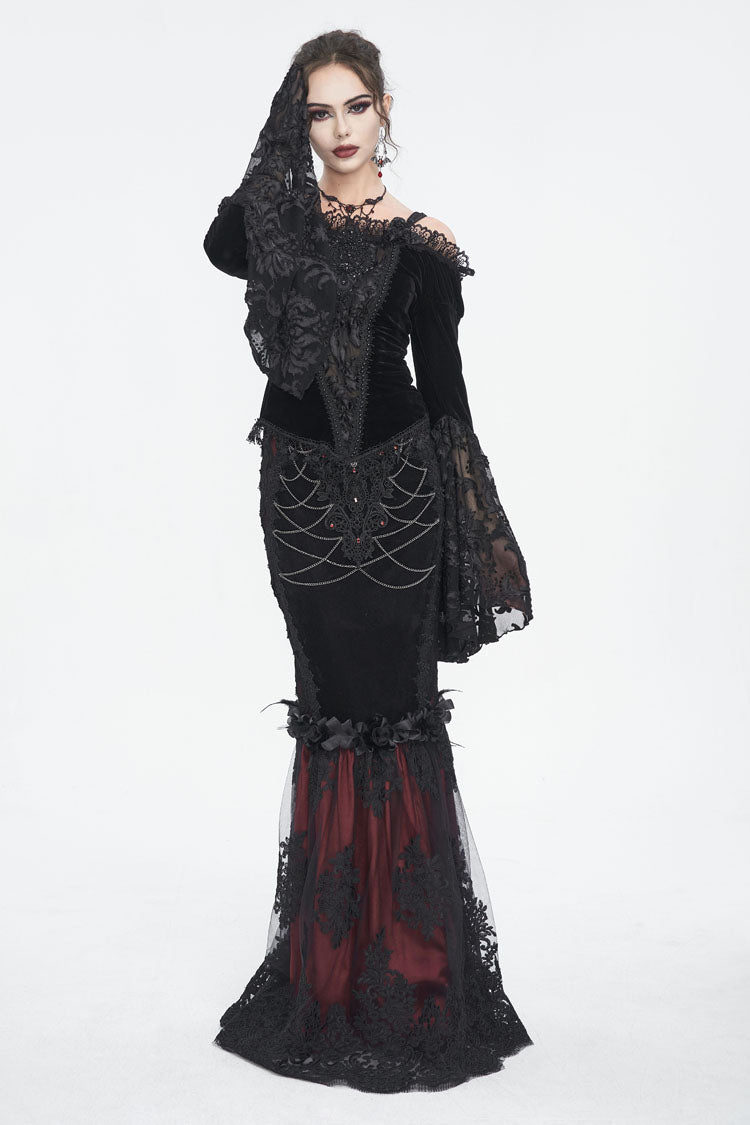 Crimson & Noir High-Rise Embroidered Lace Accent Gothic Skirt