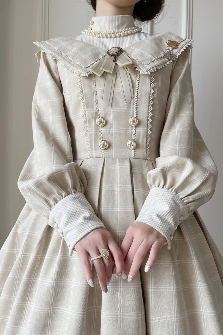 Apricot Elegant Sweet Lolita Dress with Long Sleeves Plaid Print and Bowknot Accents