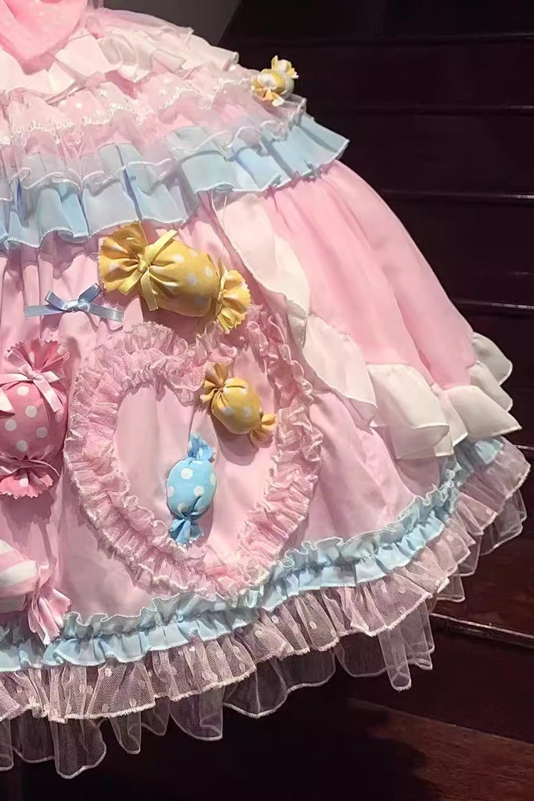 Pink Candy Party Short Sleeves Multi-Tiered Ruffled Bow Lace Lace-Up Sweet Lolita Dress