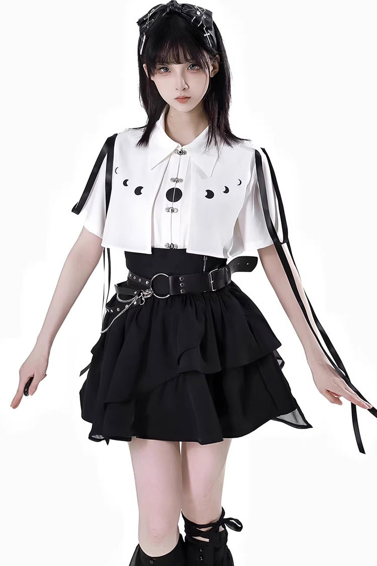 Moonlight Flowing Ruffled Asymmetric Gothic Jirai Kei Skirt Set - White/Black