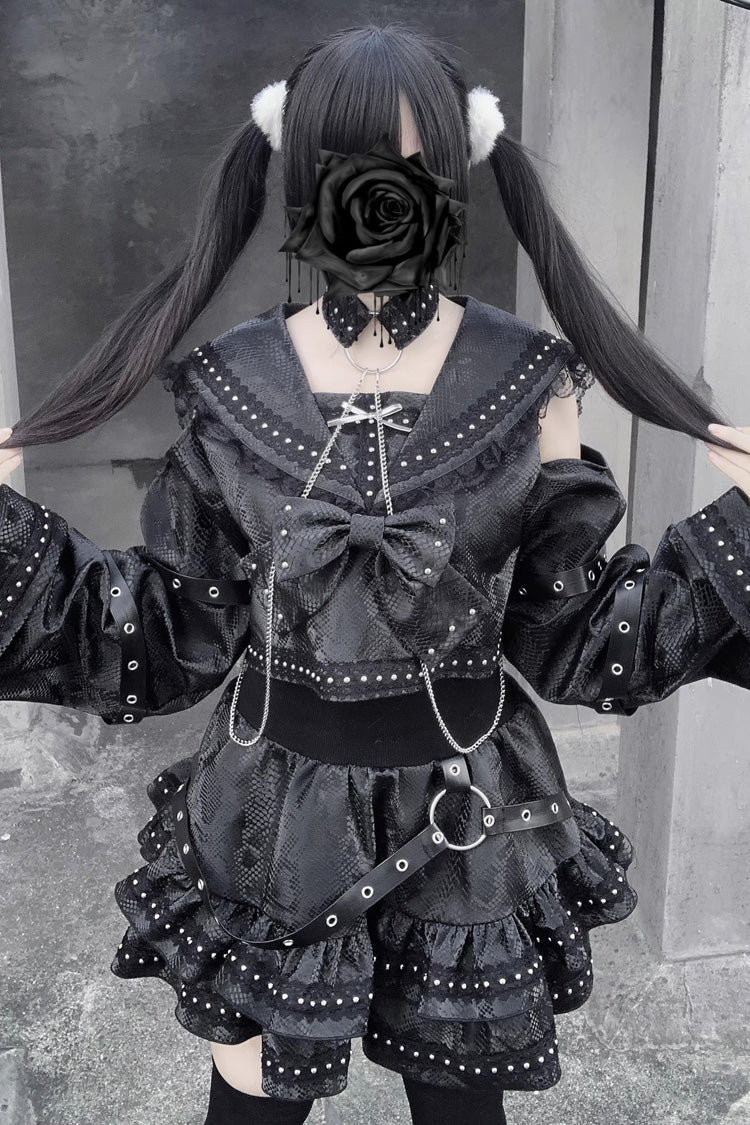 Serpent Navy Collar Snake Printed Studded Gothic Skirt Set