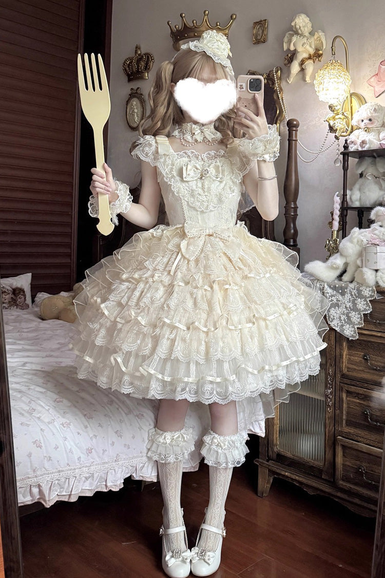 Sweet Apricot Sleeveless Layered Ruffle Hanayome Bow Lolita JSK Gown