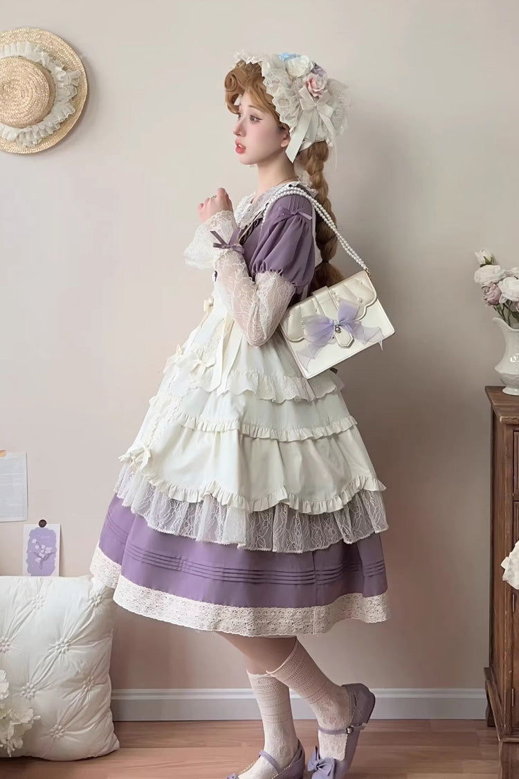 Violet Path Flowers Mist Lapel Collar Long Sleeve Embroidered Bow Lace Dress