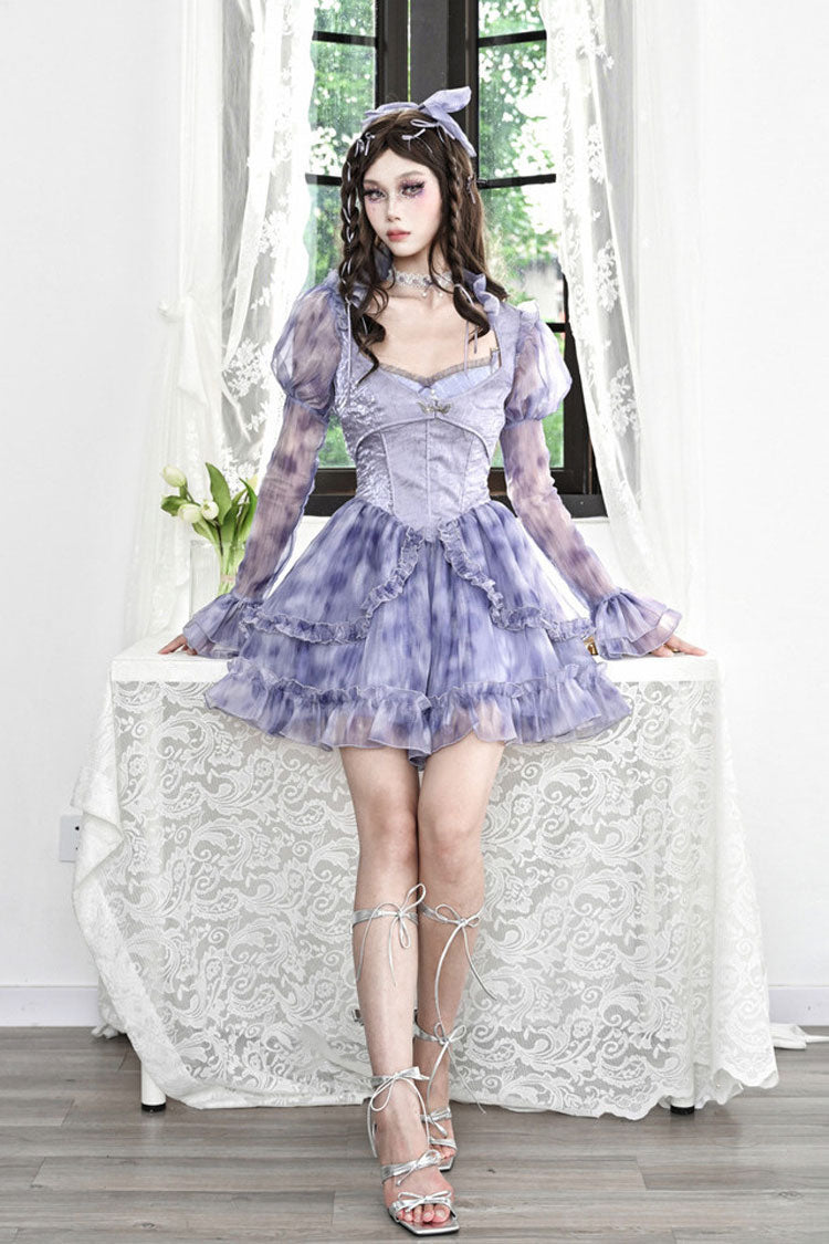 Teal Tie-Dyed Print Two-Piece Sweet Princess Jumper Dress with Lace