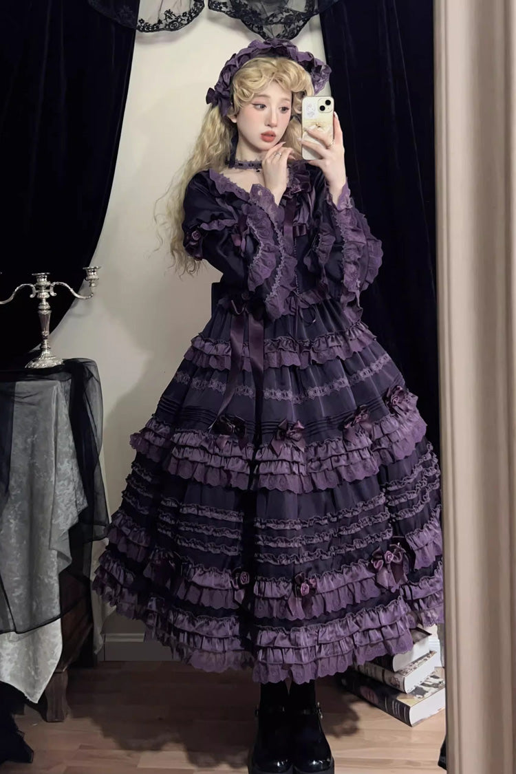 Violet Layered Blackcurrant Short Sleeve Ruffled Bow Lace Lolita Dress