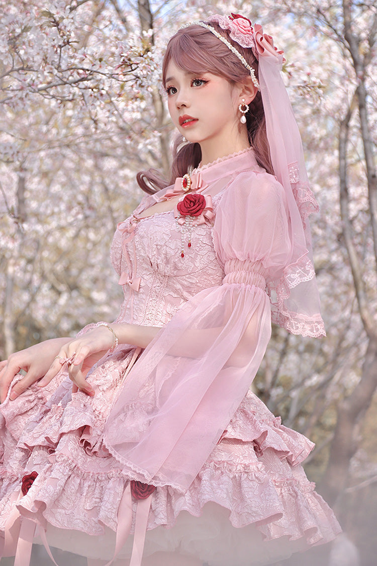 Rosy Mourning Rose Double-Tier Frill Bow Accent Lace Ballet Skirt Set