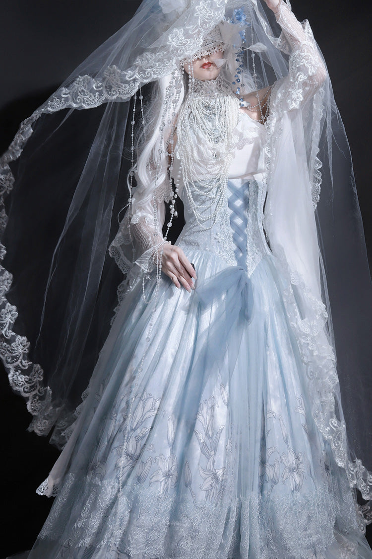 Snow Lily Print Ruffle Hanayome Embroidery Lace-Up Elegant Princess Lolita Skirt Set in Blue