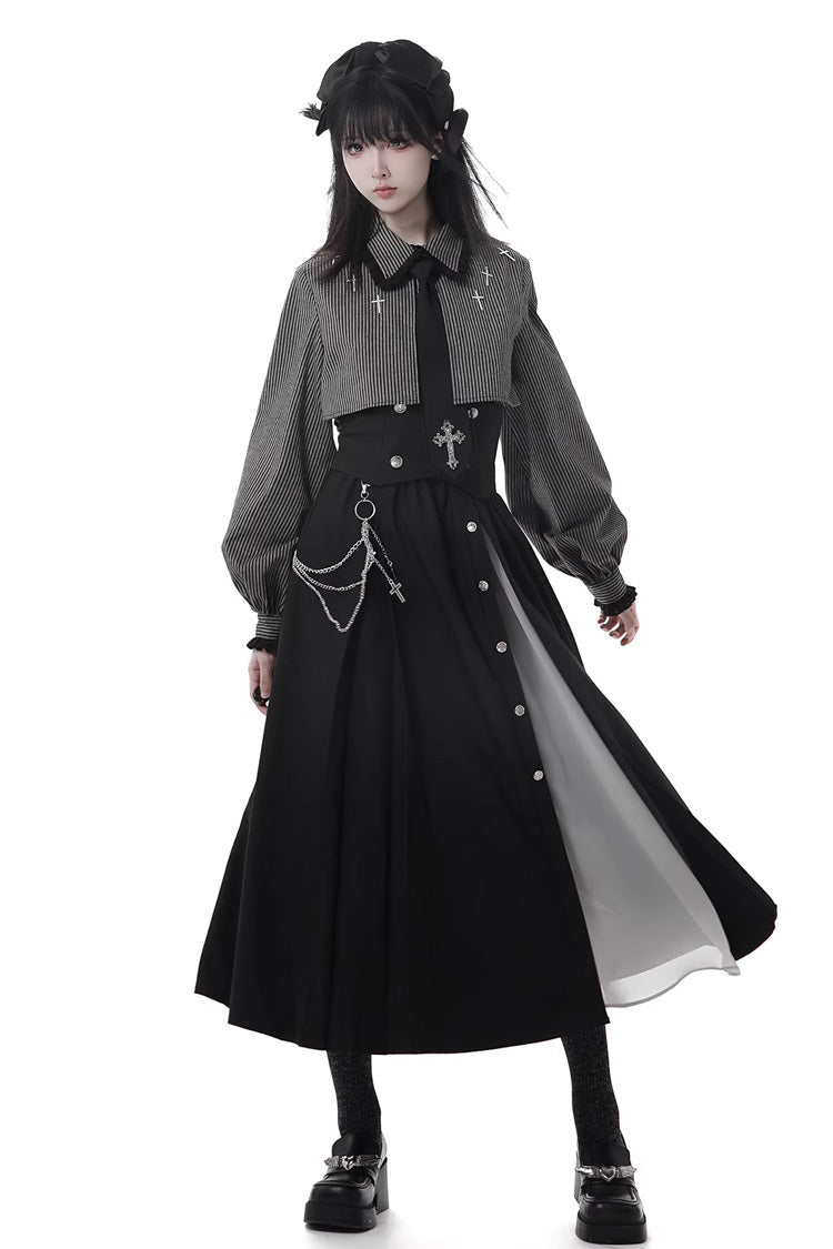 Hymn of the Cross Gothic Ruffled Asymmetric Chain Skirt Set - Black