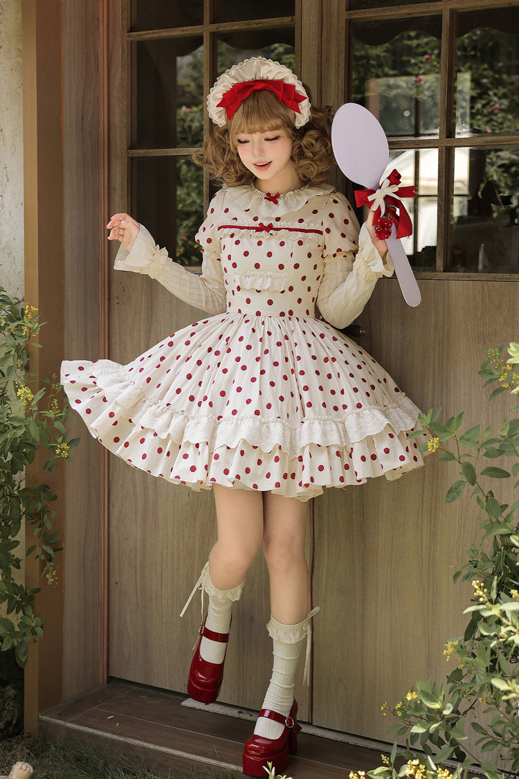 Apricot Sweet Elegant Lolita Dress with Cotton Round Collar Long Lantern Sleeves Polka Dot Print Ruffled Bow Lace