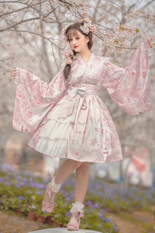 Cherry Blossom Print Trumpet Sleeve Ruffled Lace Sweet Lolita OP Dress