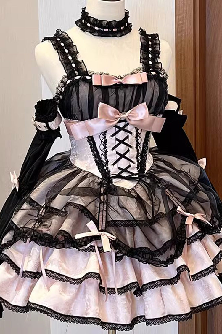 Black Pink Sleeveless Multi-Layer Ruffled Lace-Up Gothic Jsk Dress