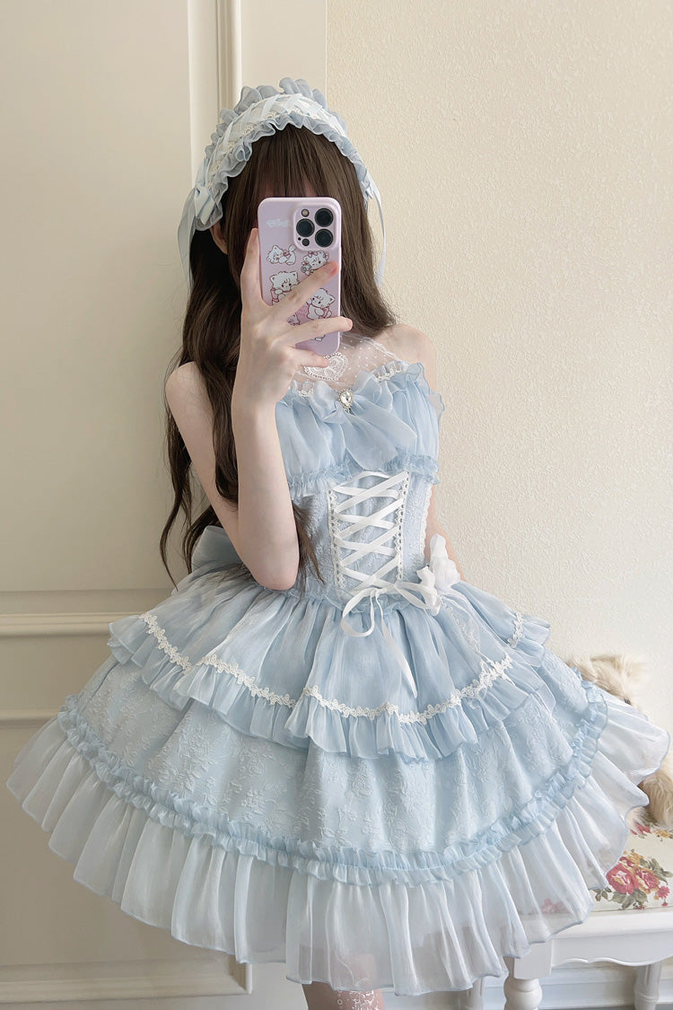 Light Blue Sweet Lolita JSK Halterneck Triple Layered Bowknot Lace
