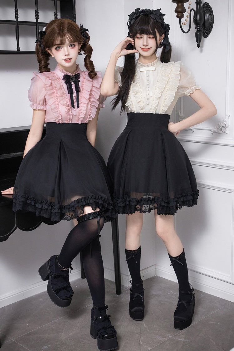Miss Lola Snow Kiss Stand Collar Short Puff Sleeves Ruffled Color-Blocked Faux Two-Piece Sweet Lolita Dress 3 Colors - Black