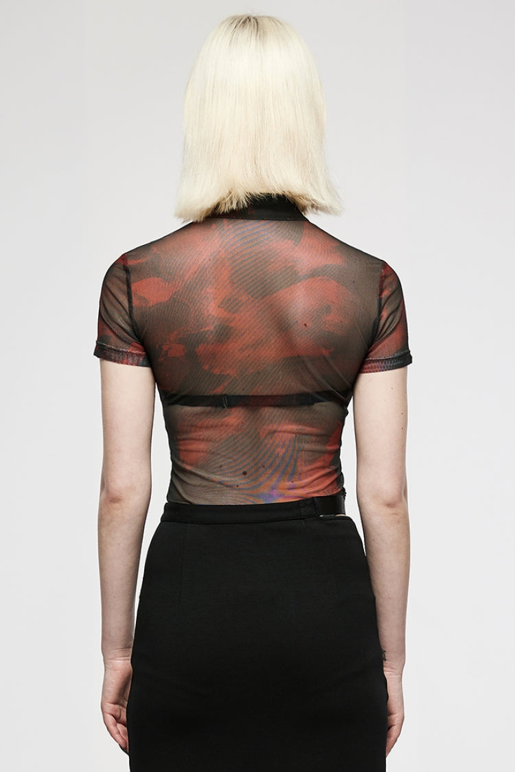 Punk T-Shirt with Ruffle Sheer Tie-Dye Print