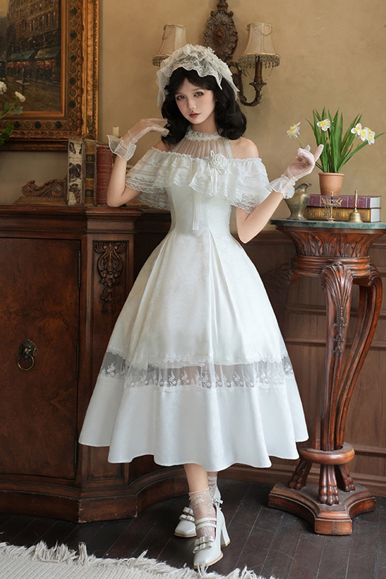 Ivory Off Shoulder Halter Print Ruffle Gothic Elegant Dress