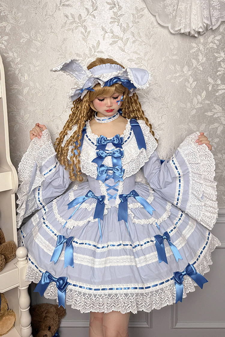 Blue/White Rabbit Sleeping Doll Long Trumpet Sleeves Ruffle Ribbon Lace Girly Lolita Dress