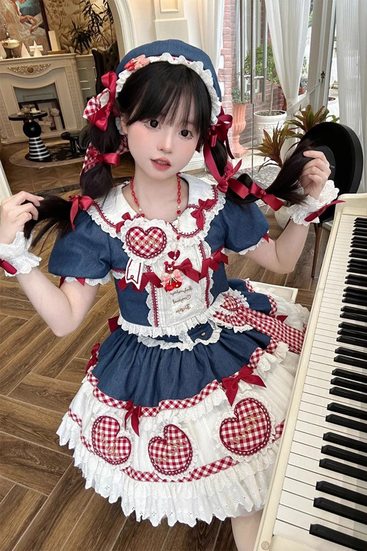 White Blue Red Peach Heart Lilith Ruffle Bow Lace Up Sweet Skirt Set