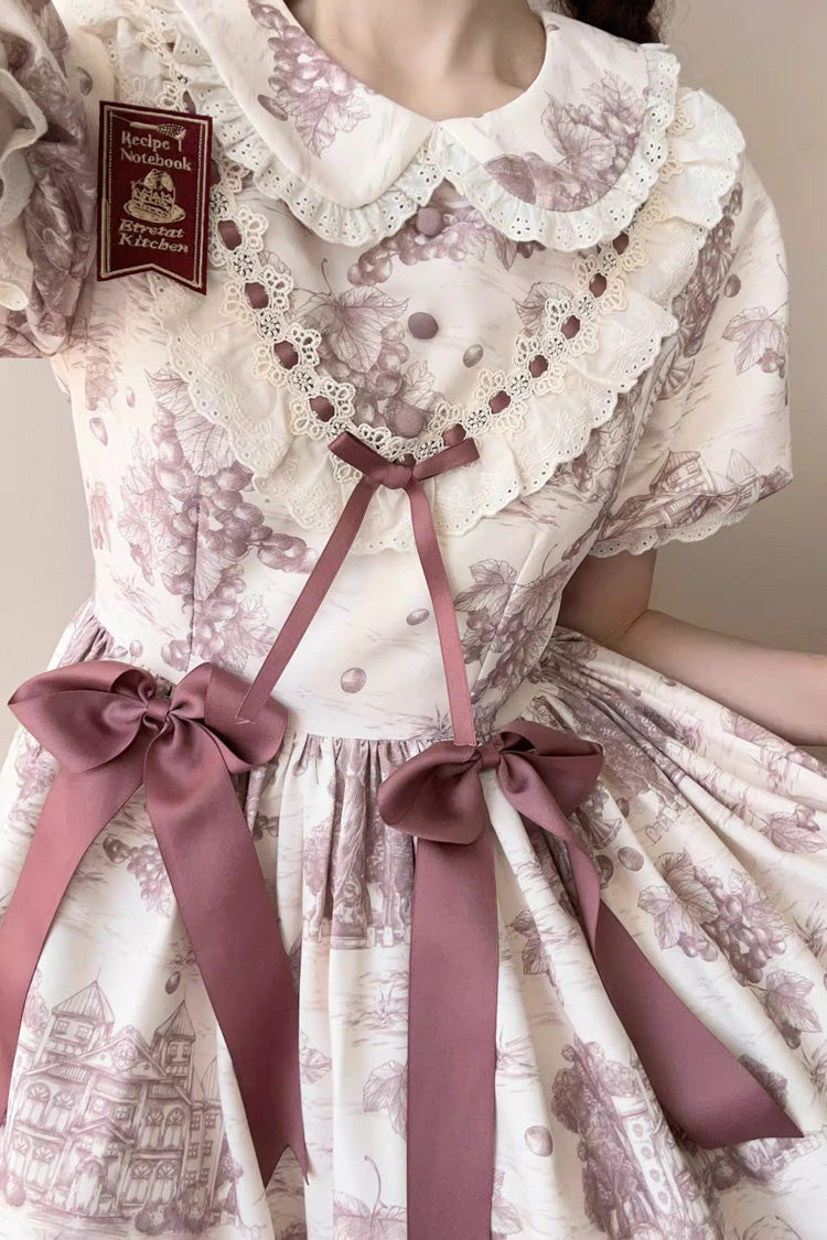 Grape Moon Almanac Short-Sleeve Multi-Layer Printed Ruffled Bow Sweet Lolita Dress