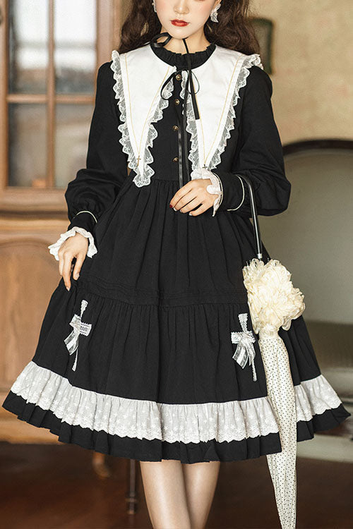 Ebony Gothic OP Dress - Cross Doll Collar Ruffled