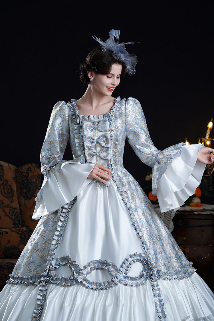 Azure Vintage Trumpet-Sleeve Embroidered Bow-Front Palace Gown