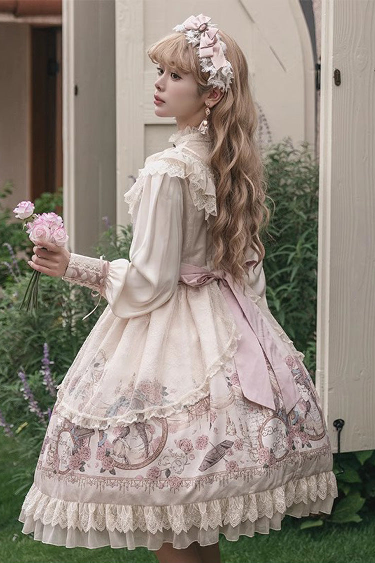 Apricot Rose Prologue Print Long Sleeve Ruffle Sweet Elegant Lolita Dress