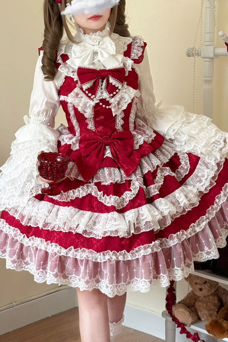 Wine Red Love and Heart Flutter Sleeveless Multi-Layered Ruffle Bowknot Lace Pearl Sweet Lolita Jsk Dress