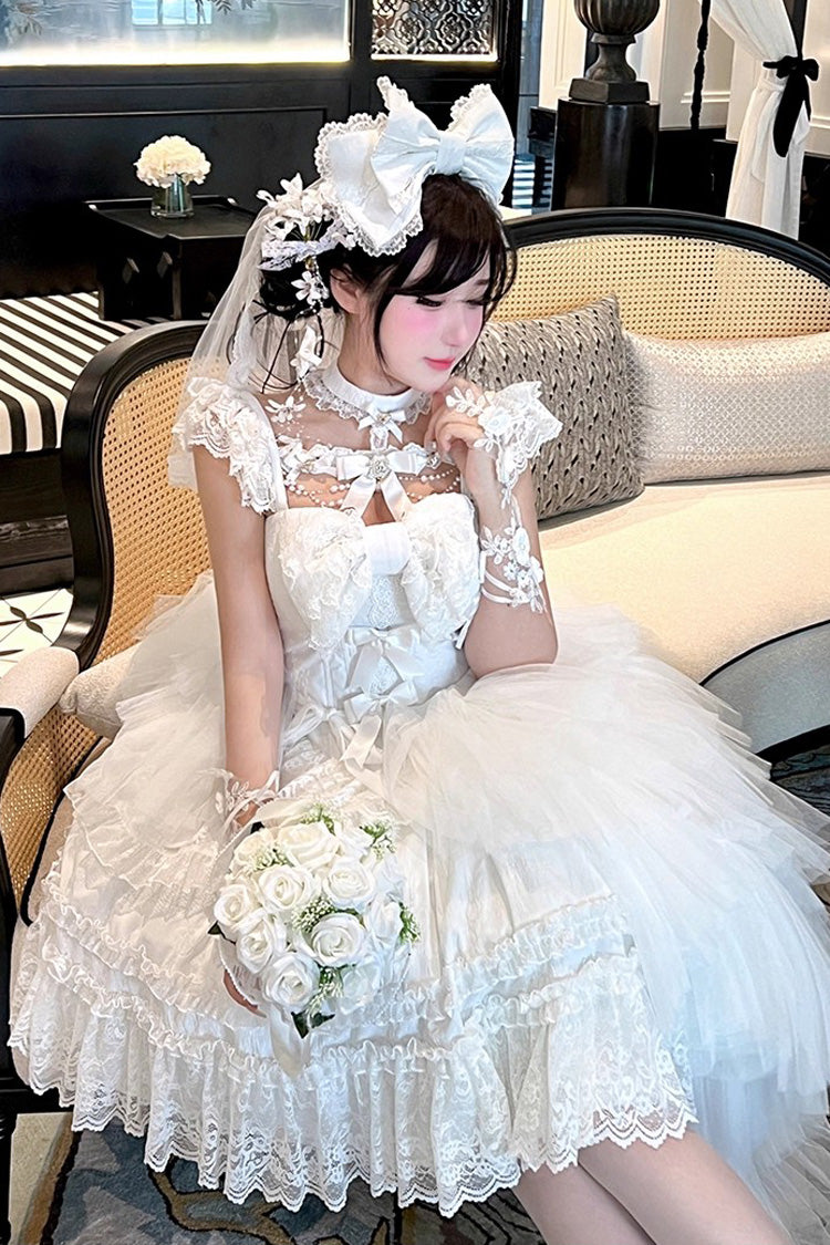 Ivory Halter Ruffle Bridal Bow Lace Gothic Dress