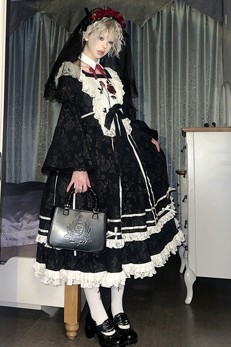 Black Double-Layered Ruffled Embroidered Bow Lace Gothic Nun Dress - Rose Choir