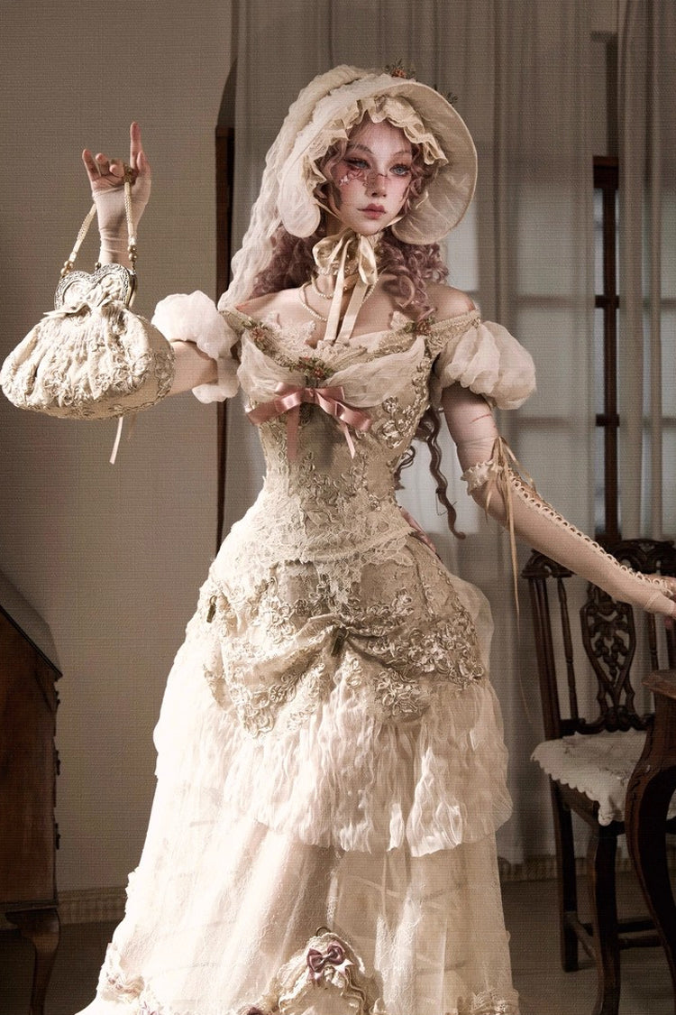 Light Brown Cupid’s Poetry Box Boat Neck Short Puff Sleeves Ruffled Cut-Out Embroidered Bow Lace Gothic Elegant Lolita Skirt Dress and Top Set