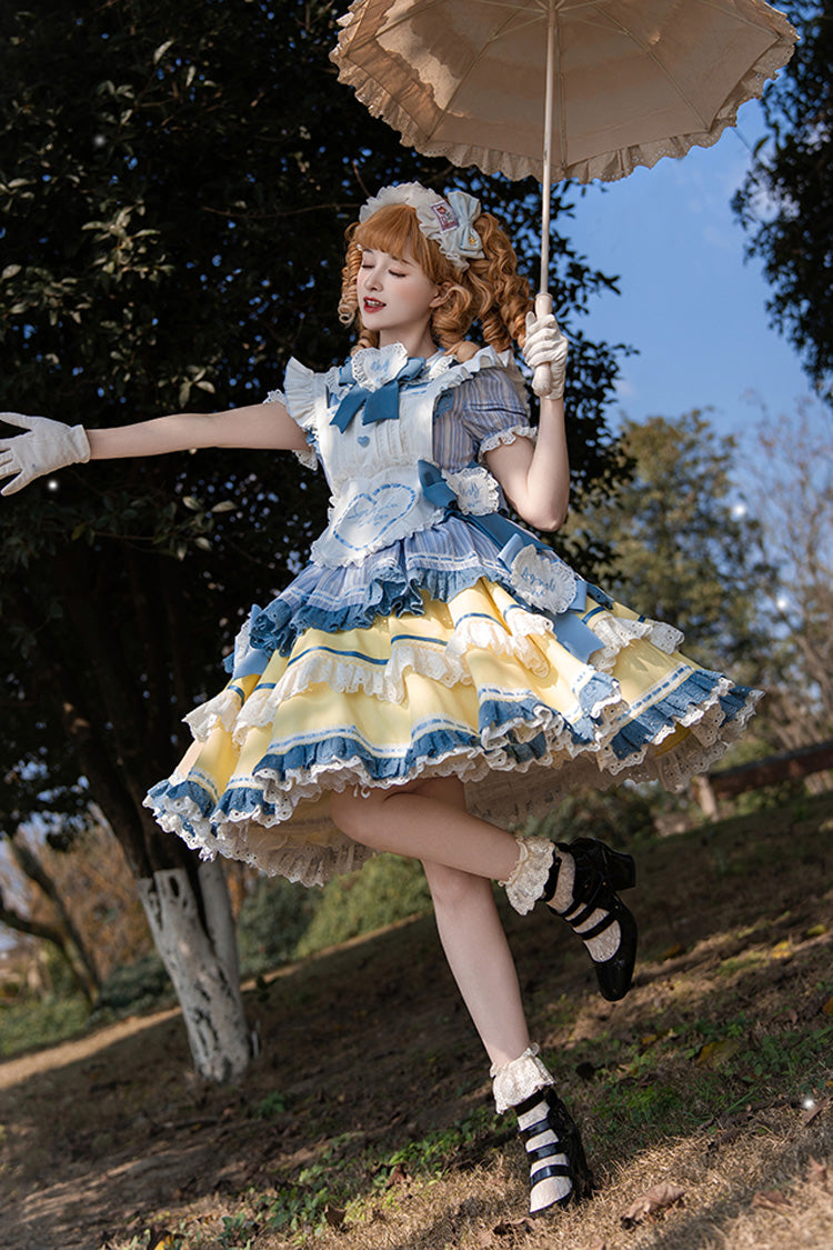 Blue/Yellow Short Sleeves Triple-Layer Ruffle Ribbon Lace Girly Japanese Lolita Dress