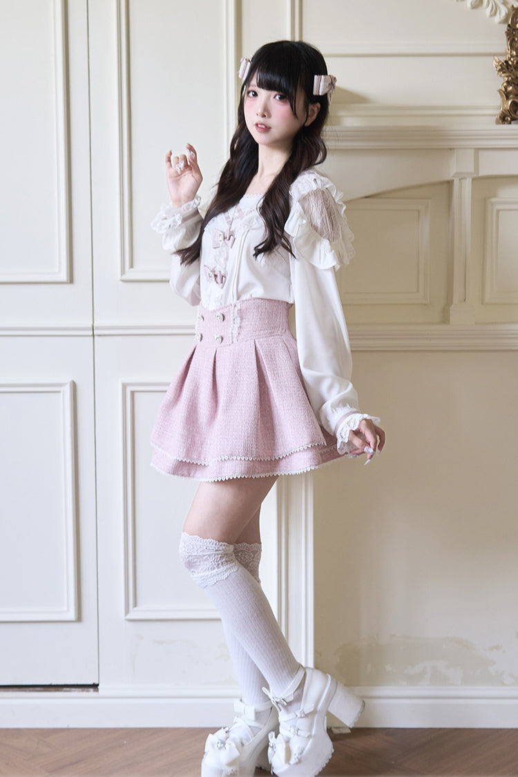 Navy Collar Bowknot Lace Long Sleeve Jirai Blouse in Three Colors