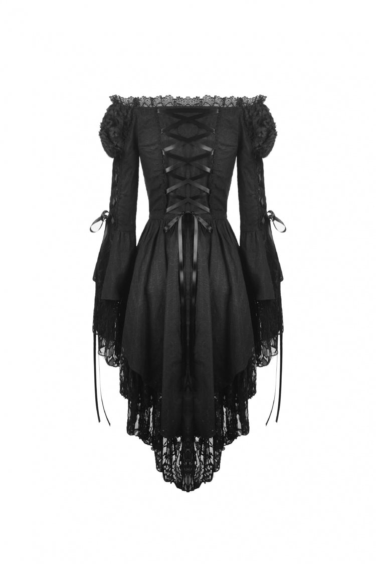 Black Off-Shoulder Trumpet Puff Sleeve Lace-Up Mesh Gothic Cocktail Dress
