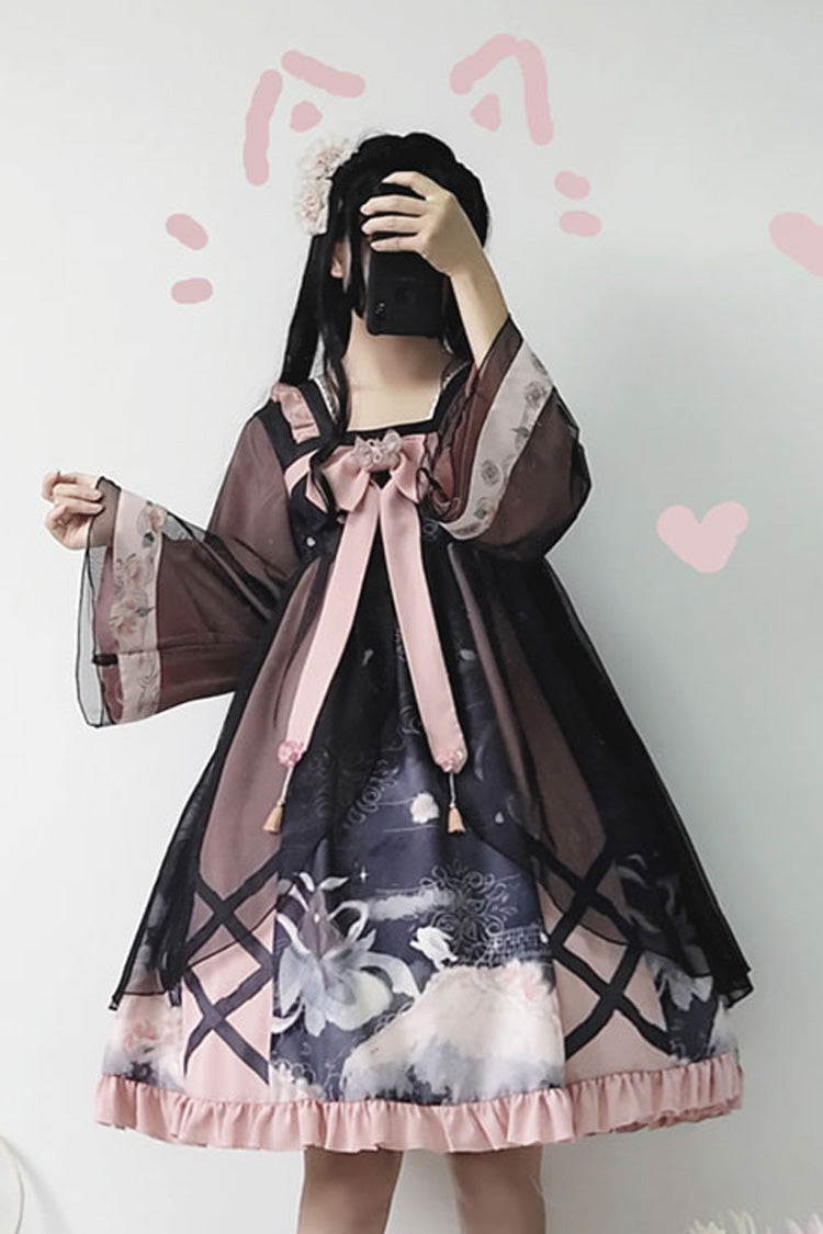 Black/Pink Chinese Style Sweet Lolita OP Dress Long Sleeves Bow - Altfashion Shop