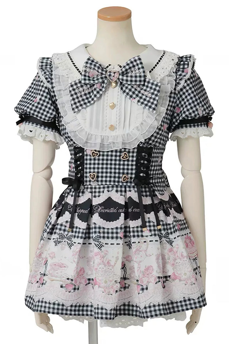 Lapel Collar Short Sleeve Printed Bow Jirai Kei Dress