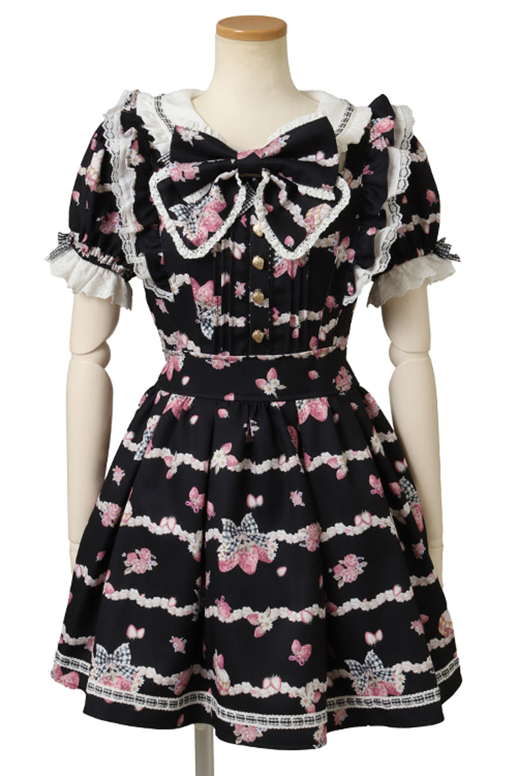 Charcoal Printed Puff-Sleeve Ruffled Lace-Up Sweet Dress - Creamy Berry
