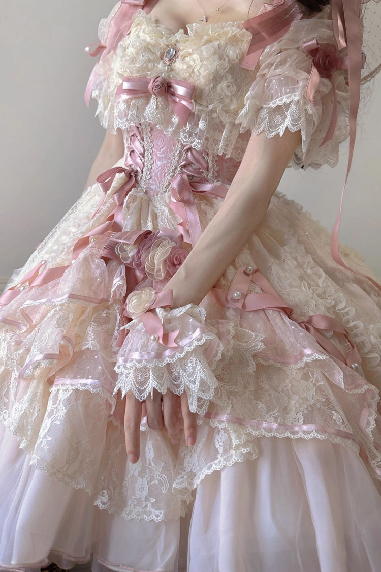 Diane Rose Pink Short Sleeves Multi-Layered Jacquard Ruffle Hanayome Cardigan Bowknot Lace Sweet Dress