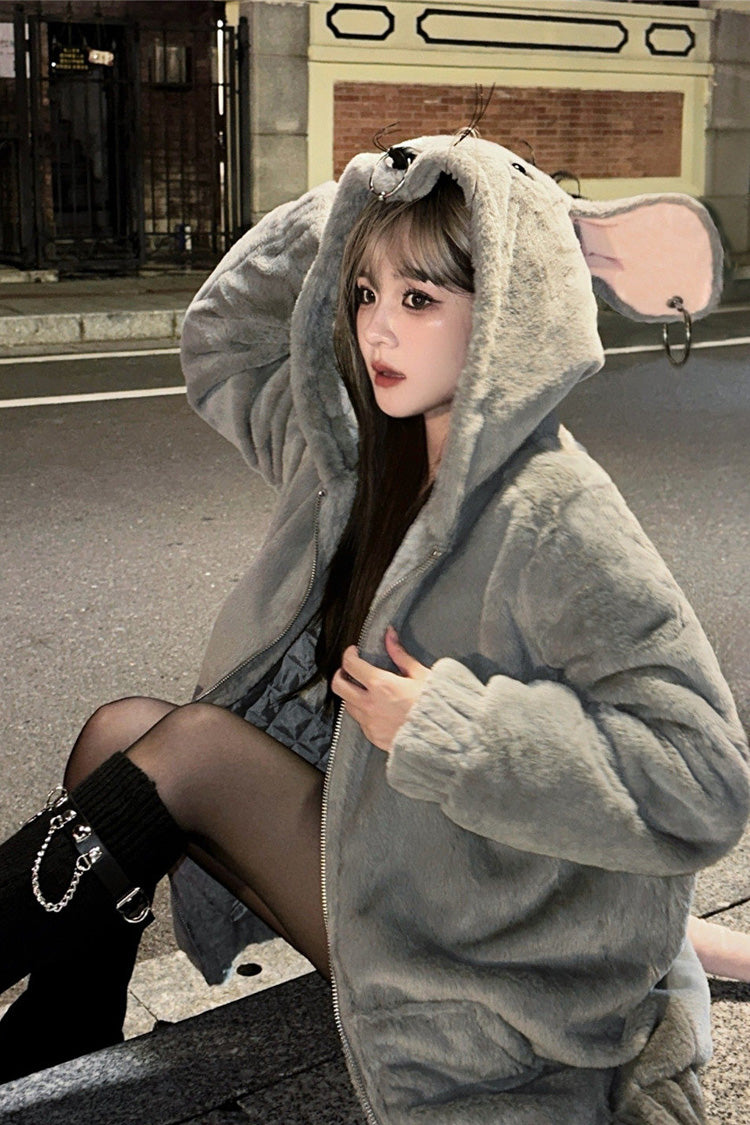 Grey Mouse Ears Tail Punk Japanese Plush Coat