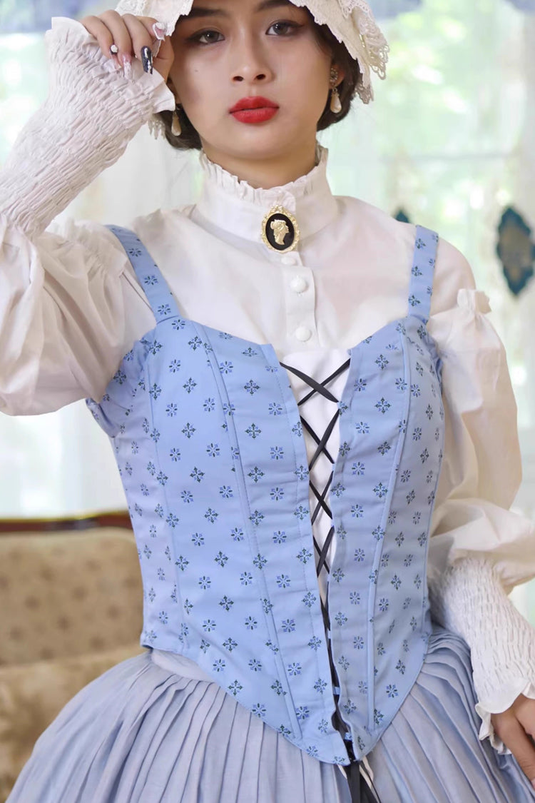 Light Blue Puffed Sleeve Corset Dress with Lace-Up and Fishbone Detail