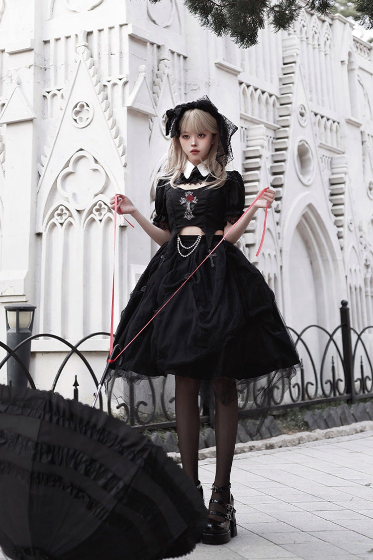 Embroidered Cutout Lolita Dress Set with Short Sleeves in Black