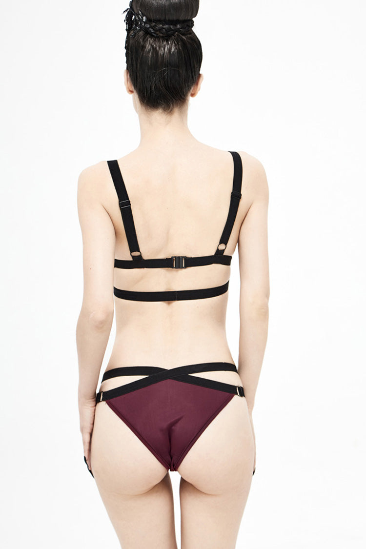Burgundy Cross Strap Lace Gothic Two-Piece Swimwear