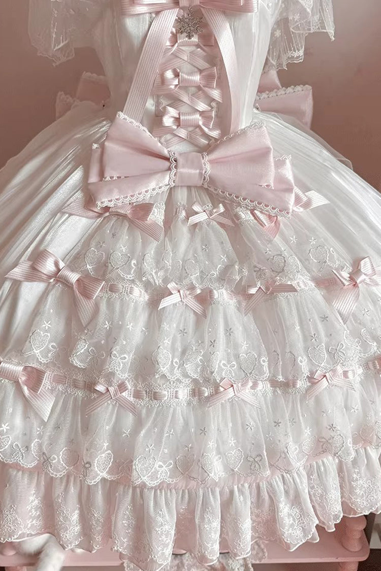 Ivory and Pink Snow of Love Ruffled Hanayome Open-Front Bow Lace Sweet Princess Lolita Dress