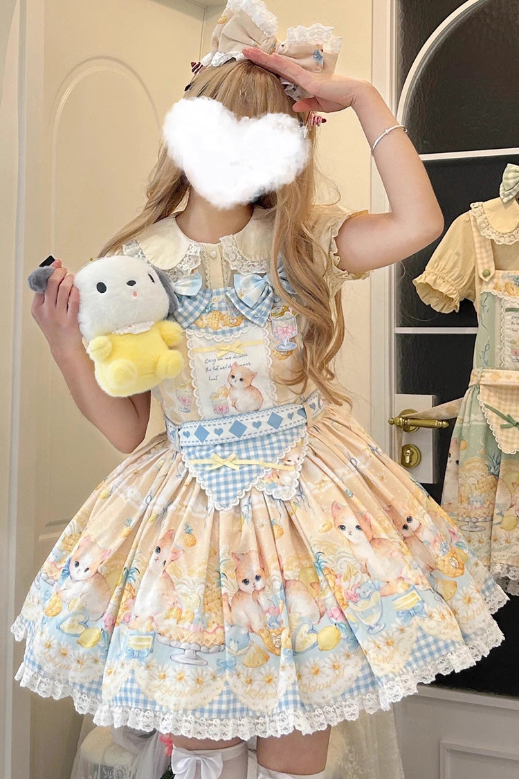 Yellow Sweet Lolita Strap Dress with Bowknot Lace - Pineapple Cat