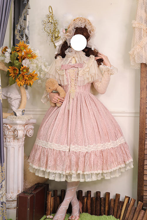 Vintage Blush Solid Multi-Layer Embroidered Ruffled Sweet JSK Dress