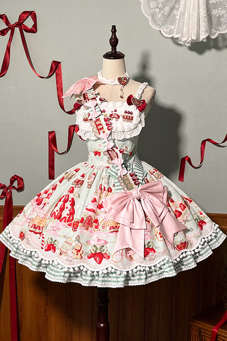 Mint Strawberry Dessert Printed Natural Waist Sweet Lolita JSK Dress - Ruffled