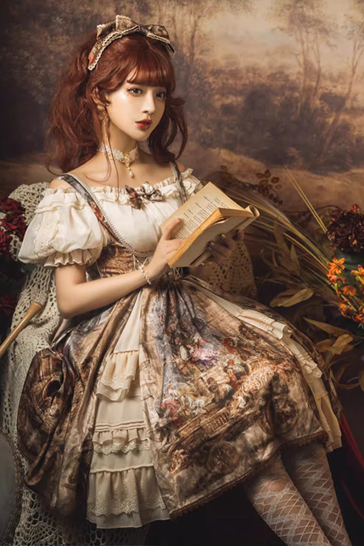 Oil Painting Bowknot Lace Elegant Palace JSK in Brown